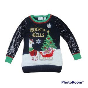 Merry & Bright ugly Christmas holiday sweater w Santa llama + sleigh NWT